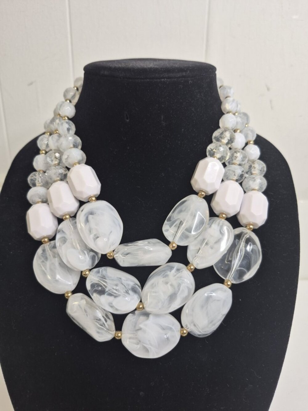 Beautiful 3 Strand White Beads/ Gold Tone Statement Acrylic Necklace